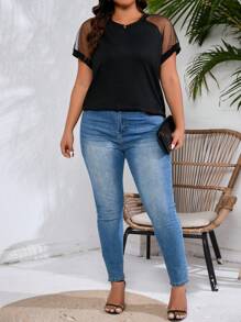 SHEIN Clasi 大码女式网眼插肩袖 T 恤，夏季 - 黑色 - 查看 3