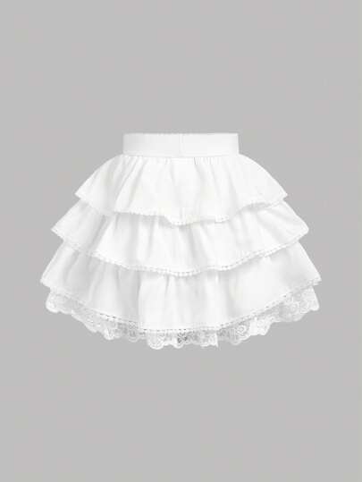 SHEIN Girlism 適合青少女度假和休閒的春夏季節編織層次荷葉邊裙子