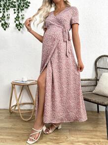 SHEIN Váy bầu bodycon thường ngày có họa tiết hoa - Hồng - Xem 3