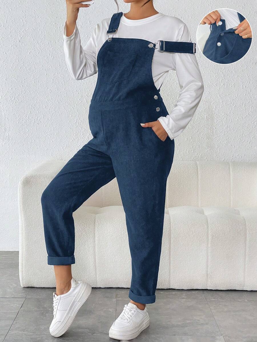 SHEIN Maternity Pocket Side Button Suspender Jumpsuit - Navy Blue - View 1