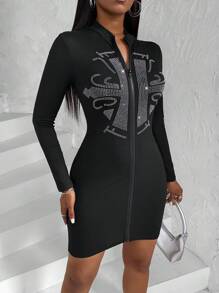 SHEIN Slayr 女式水鑽裝飾前拉鍊修身連身裙 - 黑色 - 查看 1