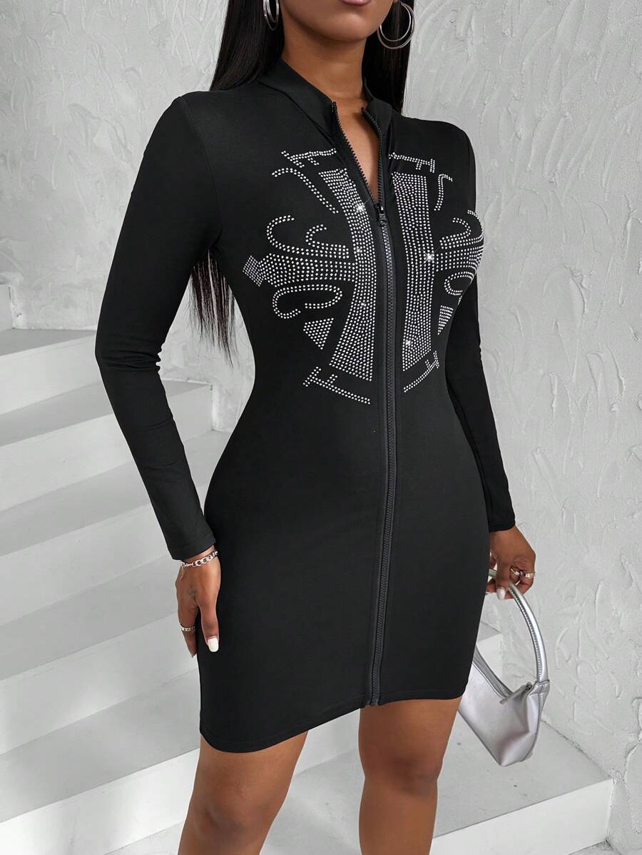SHEIN Slayr 女式水鑽裝飾前拉鍊修身連身裙 - 黑色 - 查看 1