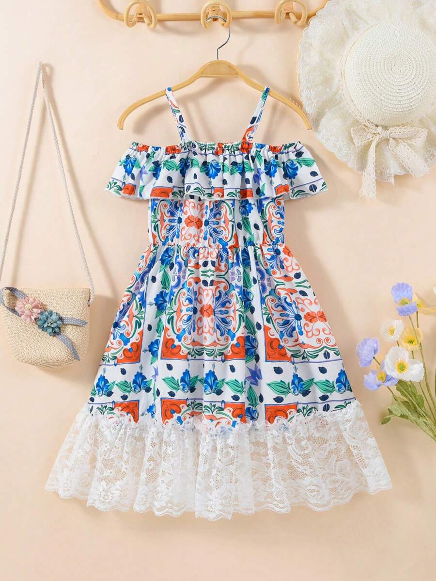 SHEIN Young Girl's Holiday Hollow Out Shoulder Sleeveless Floral Patchwork Dress With Ruffle Hem For Summer - Multicolor - View 1