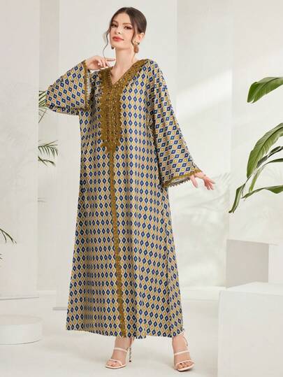 Al Najma Elegant Full Print Spliced Lace Trumpet Sleeves Long Dress, Spring/Summer, Modest Full Length Jalabiya, Casual Long Sleeve Dress, Kaftan