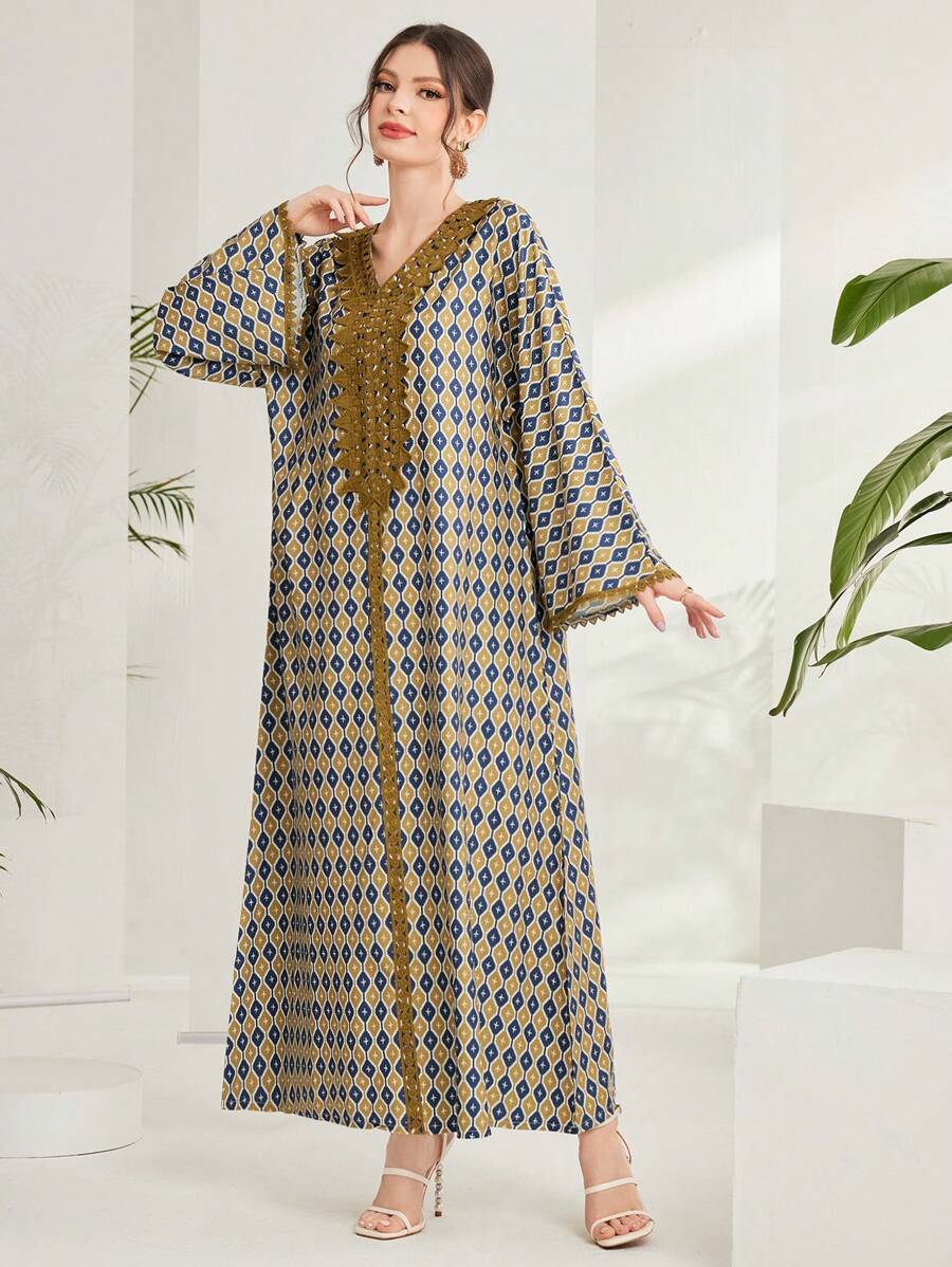 Al Najma Elegant Full Print Spliced Lace Trumpet Sleeves Long Dress, Spring/Summer, Modest Full Length Jalabiya, Casual Long Sleeve Dress, Kaftan
