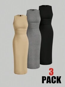 Chiquease 3pcs Pleated Detail Sleeveless Dress Maxi Women Outfit - Multicolor - View 1