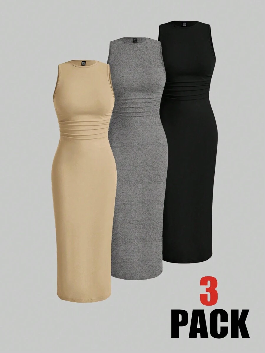 Chiquease 3pcs Pleated Detail Sleeveless Dress Maxi Women Outfit - Multicolor - View 1