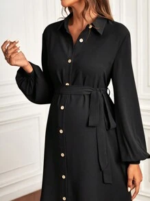 SHEIN Maternity Single-Breasted Long Sleeve Shirt Dress - Black - View 5