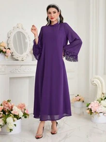 Al Najma Stand Collar Tassel Cuff Bell Sleeve Dress - Purple - View 7