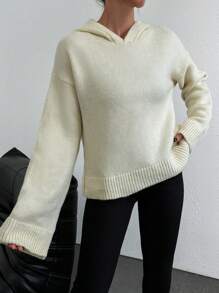 EURMUSE Women's Solid Color Hooded Loose Sweater With Dropped Shoulders - White - View 5