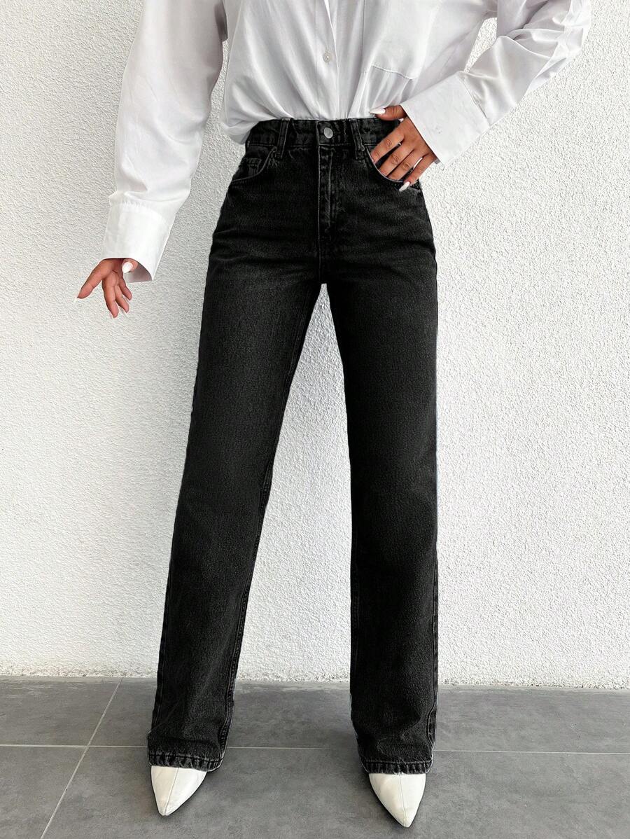EURMUSE Women's Straight Leg Jeans With Diagonal Pockets - Black - View 1