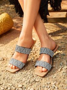 Styleloop Quý cô Đen Và Trắng Sọc Chóp giầy hình vuông Chóp giầy mở ra Bằng phẳng Mở ngón chân Dép đi trong nhà - màu đen - Xem 4