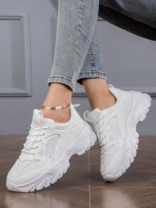 女款運動前厚底運動鞋,日常系列女式時尚白色女鞋厚底拼色圖案繫帶女式厚底鞋輕便透氣女式運動鞋戶外運動鞋女式網球鞋 - 白色 - 查看 5