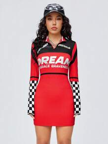 SHEIN EZwear 女士字母印花棋盤圖案裙子 - 紅色 - 查看 1