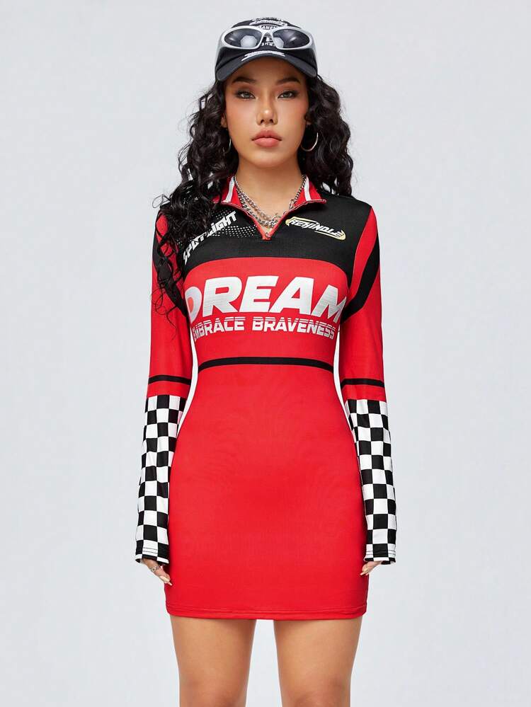 Women's Letter Print Checkerboard Pattern Dress