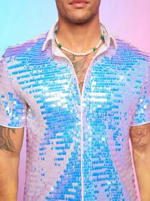 FeverCity 男士閃閃發光針織短袖休閒衫 - 黑色 - 查看 3