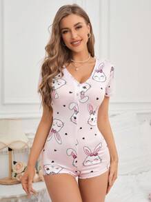 Mono De Pijama De Seda De Leche Con Impresión Digital De Conejo Con Cuello En V Para Mujer, 140g