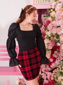 SHEIN Set aus Mädchen Langarm Top mit quadratischem Ausschnitt und kariertem Rock - Rot - Übersicht 7