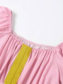 SHEIN Bedrucktes Kleid Für Junge Mädchen Mit Tape & Splice Und Kurzen Ärmeln - Pink - Übersicht 3