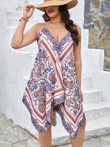 SHEIN VCAY 大尺碼女性不對稱下擺印花背心裝連衣裙,帶有挖空細節 - 彩色 - 查看 5