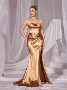 Twist Front Spit Thigh Satin Tube Formal Dress - Champagne - View 5