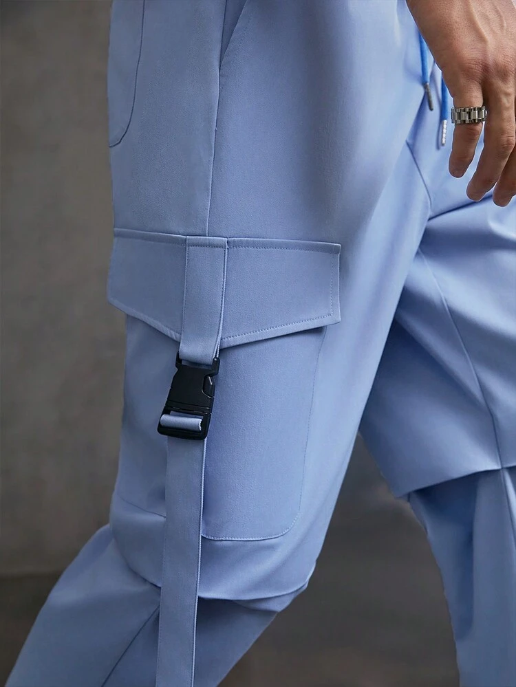 Men's Loose Fit Blue Pants With Buckle And Pockets For Daily Wear In Spring And Summer