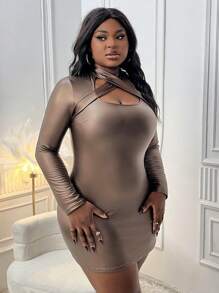 Slaydiva 加大碼女裝pu材質深v領緊身連身裙 - 棕色 - 查看 5