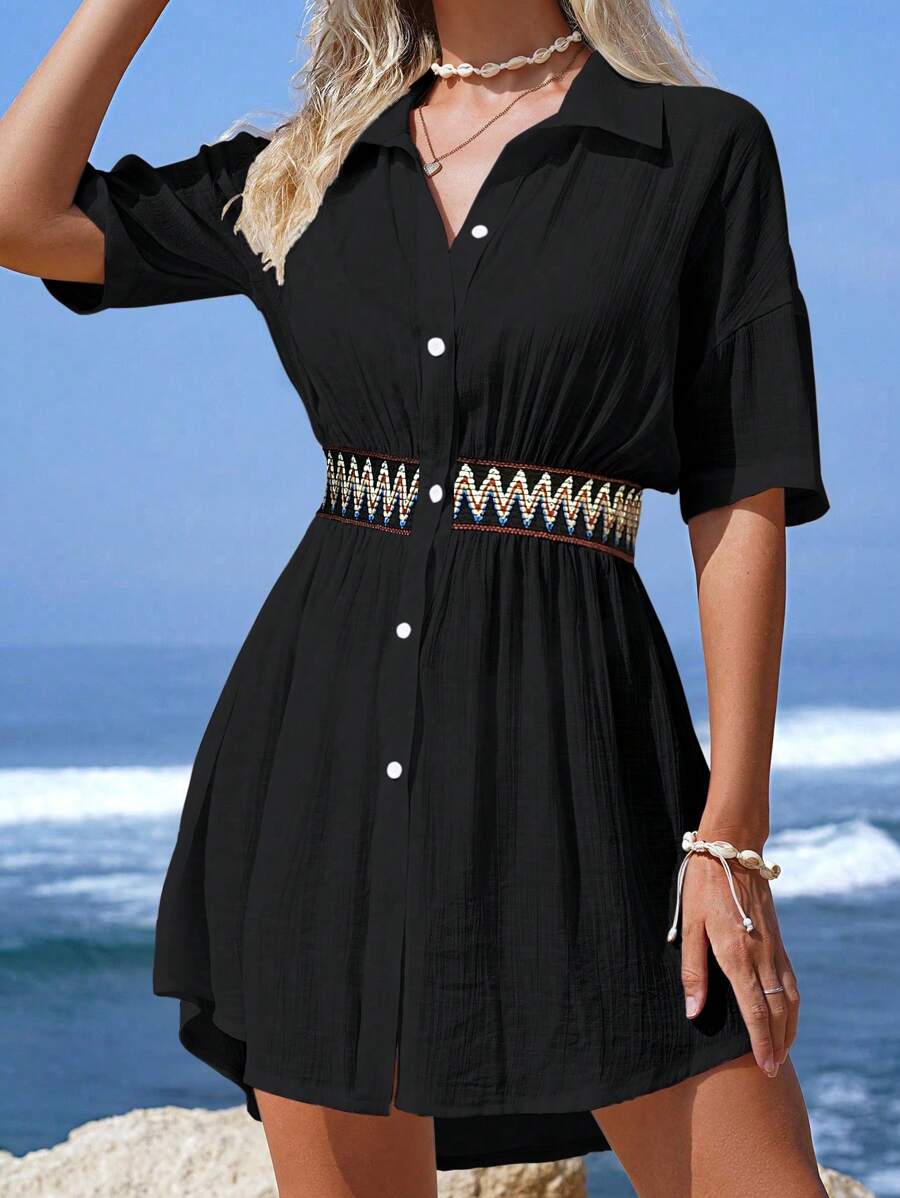 Swim Vcay 1 pieza Kimono con panel de bloques de color y botones de estilo alto bajo para playa de verano - Negro - Ver 1