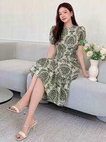 DAZY 女士短款泡泡袖印花连衣裙夏季吊带裙度假装复活节女装 - 綠色 - 查看 8