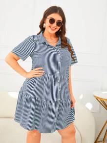 Calvaya Plus Size Women's Short Sleeve Striped Shirt Dress, For Summer