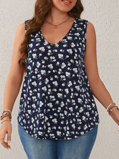 EMERY ROSE Plus Size Women's Print V-Neck Knitted FloralTop With Curve Hem  For Summer