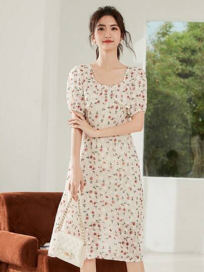 1pc Spring/Summer New Arrival Romantic Slimming Pearl Embellished Floral Dress For Vacation