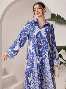 Al Najma 全印花v領長袖連衣裙 - 藍色 - 查看 7