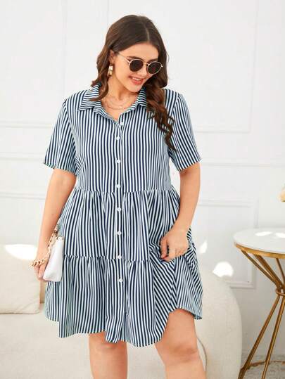 Calvaya Plus Size Women's Short Sleeve Striped Shirt Dress, For Summer