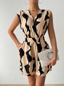 SHEIN LUNE Women's Geometric Printed High Waist Playsuit Shorts - Apricot - View 5