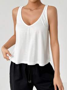 SHEIN EZwear Áo ba lỗ cổ chữ V màu trơn vừa vặn - trắng - Xem 6