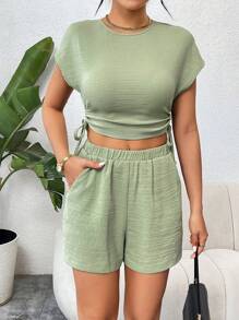 SHEIN Essnce Của phụ nữ Mùa hè giản dị Kỳ nghỉ Textured Chất vải Dây rút Xù Áo Và Túi Quần short Hai chiếc Bộ - Màu xanh Bạc hà - Xem 5