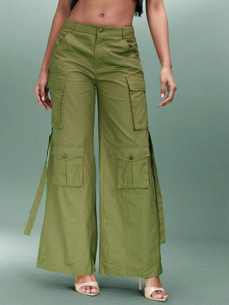 Solid Color 3d Cut With Multiple Pockets Waist Belt Cargo Wide-Leg Pants
