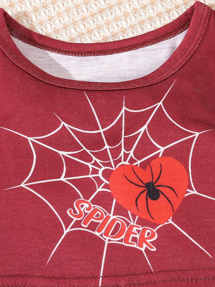 Baby Girl Summer Comfortable Red Street Style Love Spider Printed Top & Shorts Set