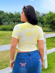 SHEIN Qutie 女士加大碼心形印花扎染修身圓領短袖t恤 - 彩色 - 查看 4