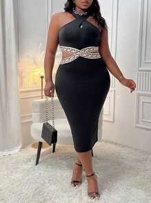 Slaydiva 加大號幾何印花修身連衣裙,圓領交叉剪裁設計細節 - 黑色 - 查看 2