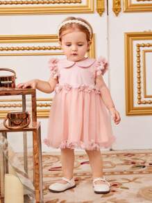 SHEIN 可爱的女婴无袖连衣裙，彼得潘领，撞色网布，3D花朵装饰 - 粉色 - 查看 7