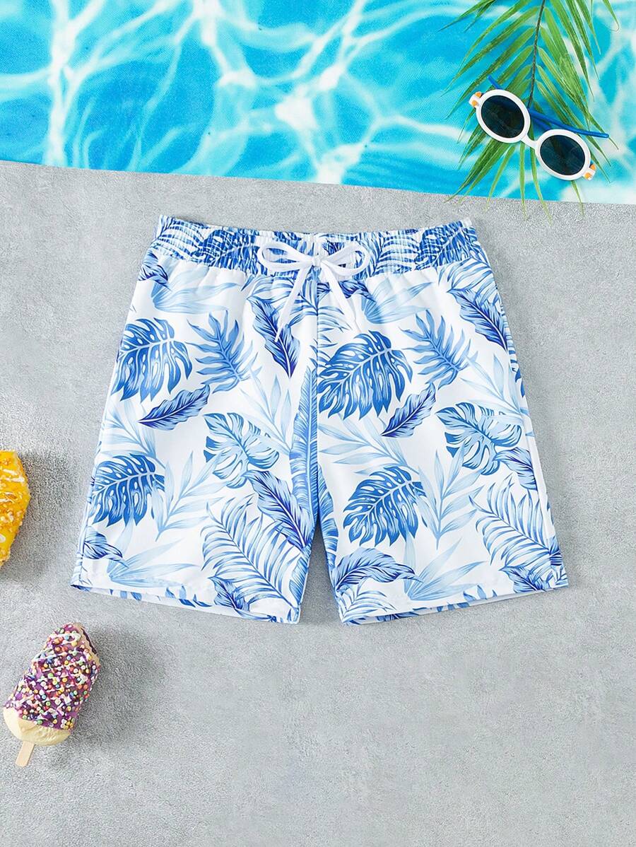 SHEIN Tween Boys' Drawstring Full Printed Beach Shorts - Blue - View 1