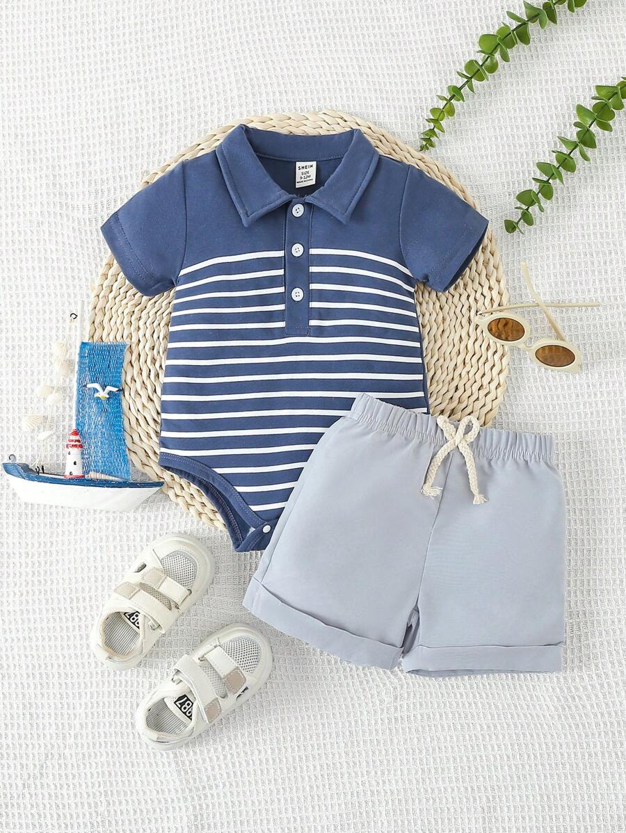 Baby Boy Casual Stripe Short Sleeve Bodysuit And Shorts Outfit - Royal Blue - View 1
