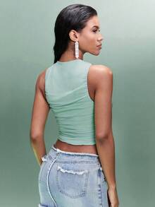 SHEIN BAE 春季純色街頭風扭摺打底背心連衣裙,適用於節日聚會 - 綠色 - 查看 2