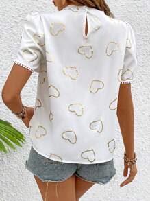 SHEIN LUNE Camisa Con Mangas Abullonadas Y Estampado De Corazones Y Sellos Dorados