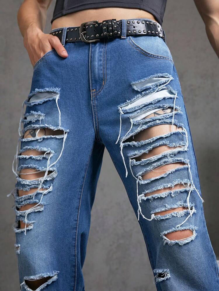 Men's Water Washed Ripped Hole Personalized Casual New Fashion Jeans, No Belt Included