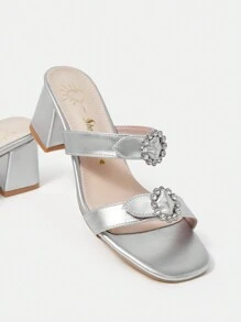 Women'S High Heeled Chunky Heel Sandals Decorated With Rhinestones - Silver - View 6