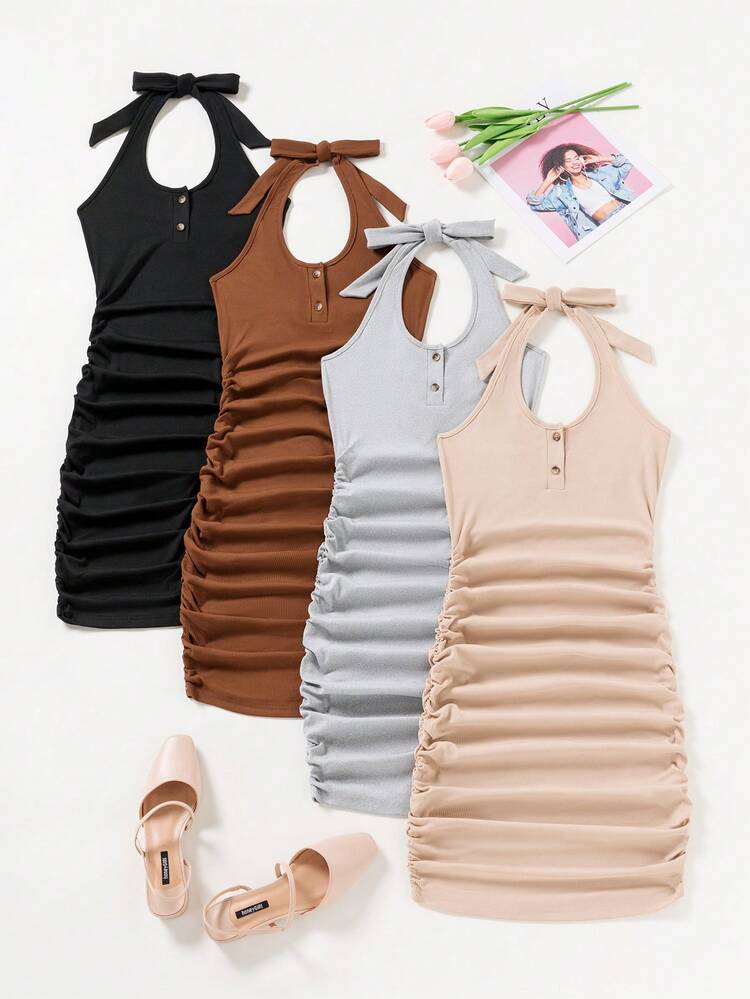 Solid Color Asymmetrical Halter Neck Pleated Bodycon Dress