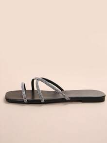Black Thin Strap Rhinestone Multi-Strap Sandals, New Summer Women's French Fashion Versatile Slides - Black - View 4